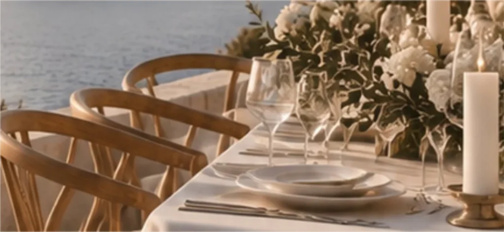 Mesa con velas y flores blancas frente al mar