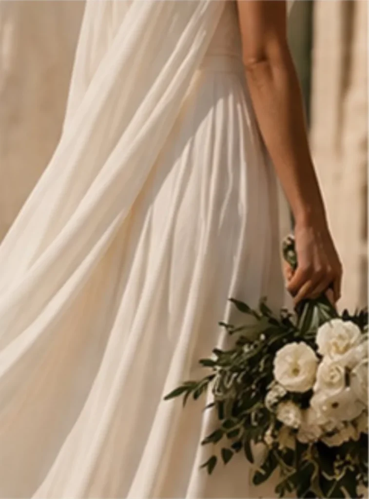 Vestido de novia y un ramo de flores blancas