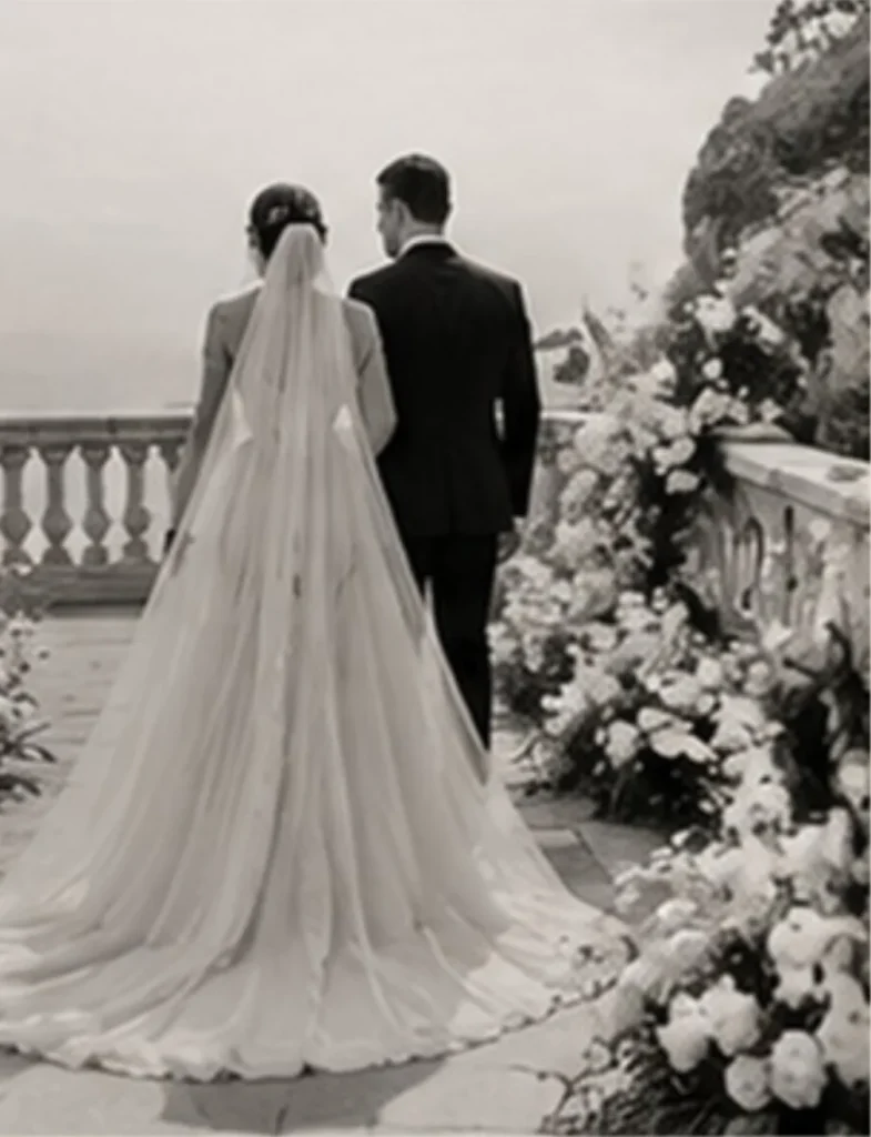 Una pareja de espaldas en una terraza con flores blancas, en blanco y negro
