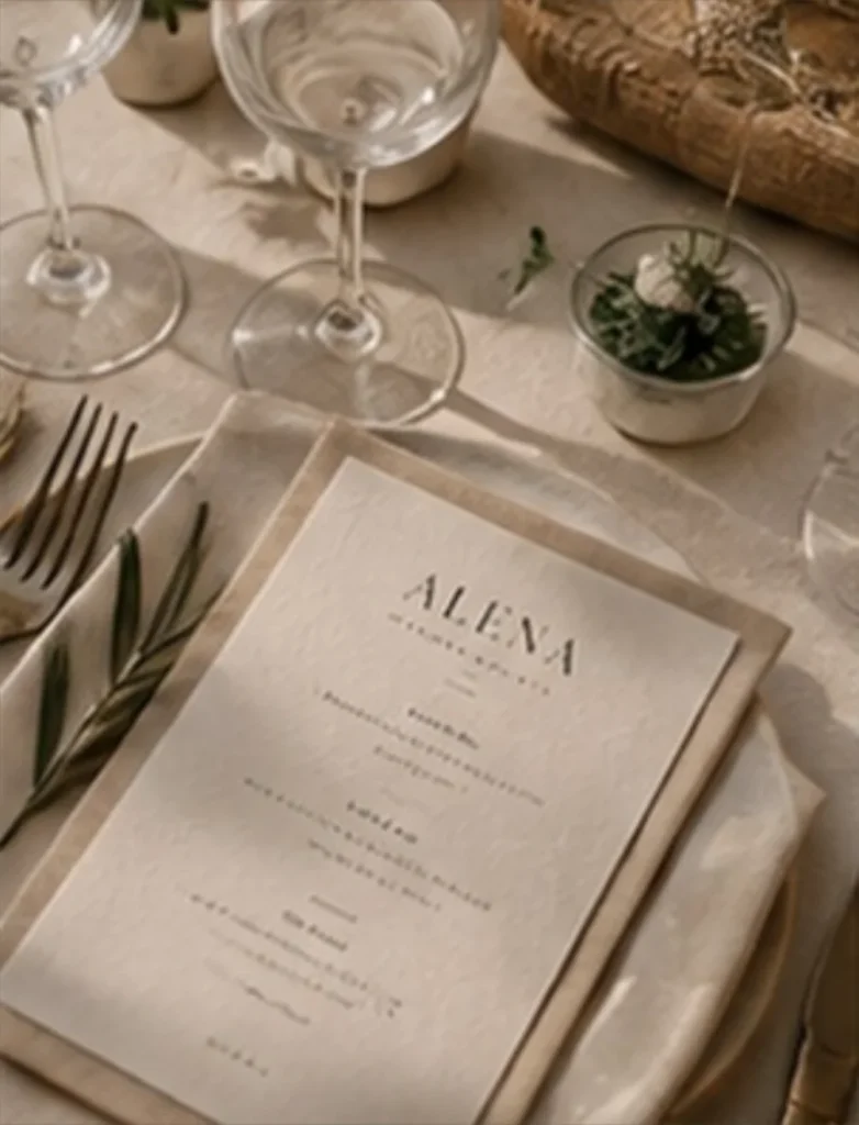 Menú impreso de ALENA sobre la mesa, con ramas de olivo