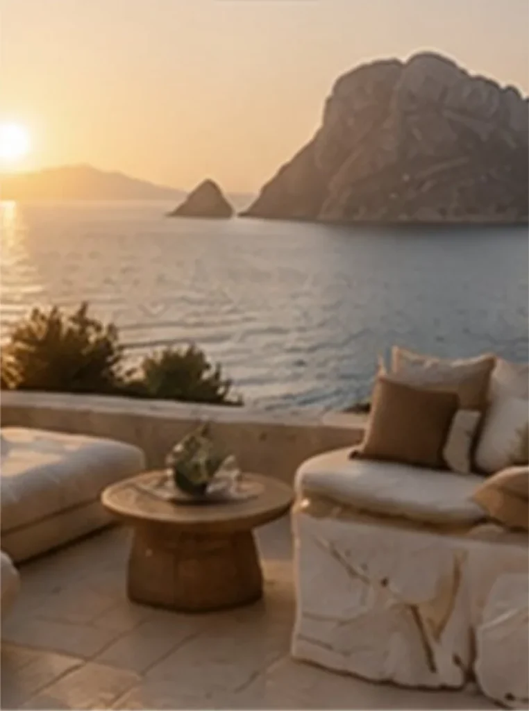 Terraza con sofás blancos frente a Es Vedrà al atardecer